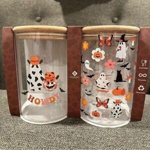 NIB Gourmet Kitchen Cowboy Ghosts Round Glass Storage Jars with Bamboo Lids